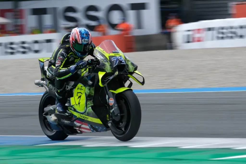 Japan's rider Ai Ogura of the Trackhouse MotoGP Team steers his motorcycle during the MotoGP race at the Grand Prix of the Netherlands in Assen, northern Netherlands, Sunday, June 28, 2026. (AP Photo/Patrick Post)