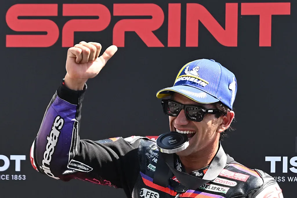 Second-placed Team Aprilia Racing's Spanish MotoGP rider Jorge Martin celebrates after the sprint on the eve of the Italian Moto GP Grand Prix at Mugello circuit, in Mugello, near Florence, on May 30, 2026. (Photo by Andreas SOLARO / AFP)