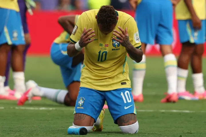Brazil's forward #10 Neymar reacts after losing the 2026 World Cup round of 16 football match between Brazil and Norway at the New York/New Jersey Stadium in East Rutherford on July 5, 2026. (Photo by Odd ANDERSEN / AFP)